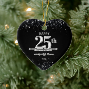 25th Wedding Anniversary Glitter Silver Custom Ceramic Ornament