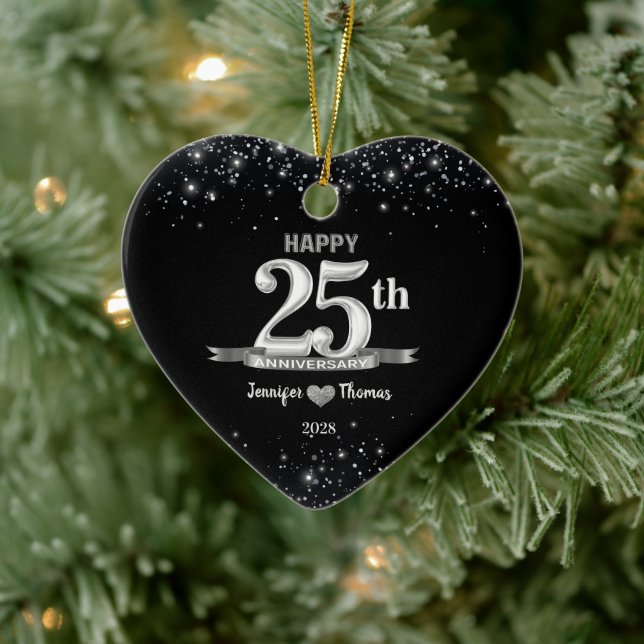 25th Wedding Anniversary Glitter Silver Custom Ceramic Ornament (Tree)