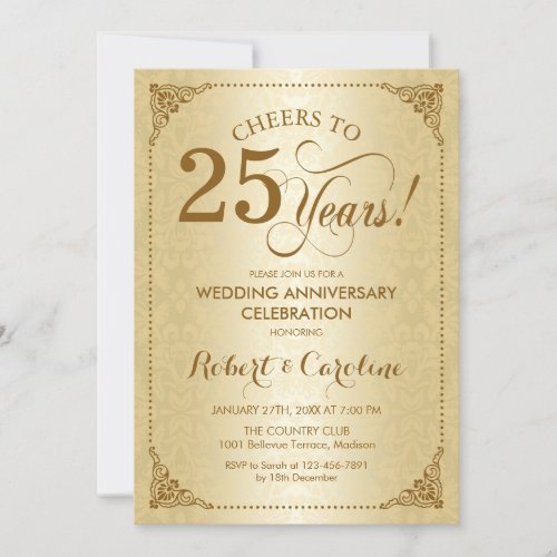 25th Wedding Anniversary _ Gold Damask Invitation
