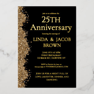 25th Wedding Anniversary Gold Faux Glitter  Foil Invitation