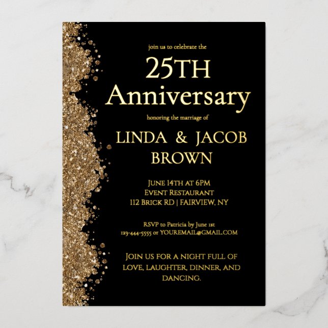 25th Wedding Anniversary Gold Faux Glitter  Foil Invitation (Front)
