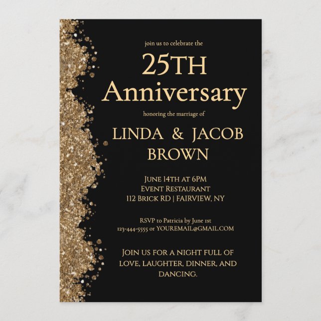 25th Wedding Anniversary Gold Faux Glitter  Invitation (Front)