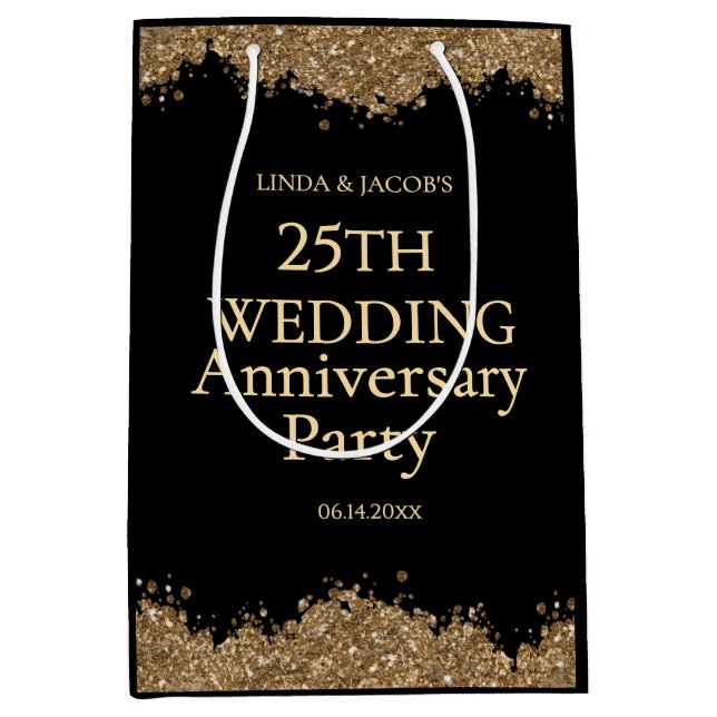 25th Wedding Anniversary Gold Faux Glitter  Medium Gift Bag (Front)