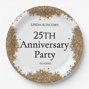 25th Wedding Anniversary Gold Faux Glitter  Paper Plates