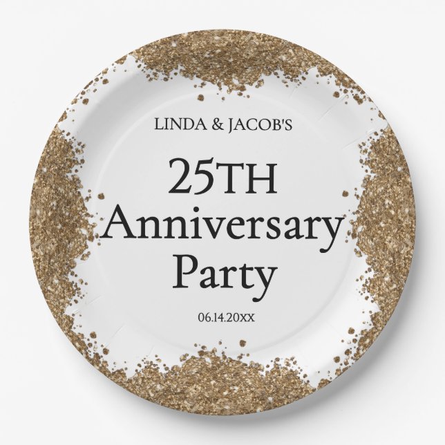 25th Wedding Anniversary Gold Faux Glitter  Paper Plates (Front)