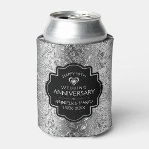 25th Wedding Anniversary & Gold Floral Damasks Can Cooler
