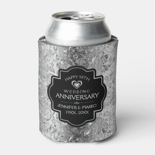 25th Wedding Anniversary  Gold Floral Damasks Can Cooler