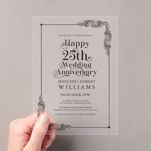 25th Wedding Anniversary Gold Floral Frame Acrylic Invitations