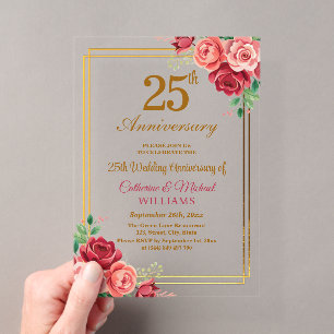 25th Wedding Anniversary Gold Frame Floral Acrylic Invitations
