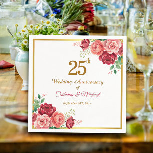25th Wedding Anniversary Gold Frame Floral Napkins