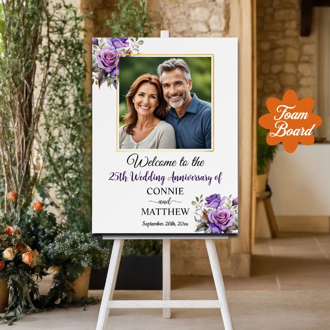 25th Wedding Anniversary Gold Frame Purple Roses Foam Board (Creator Uploaded)
