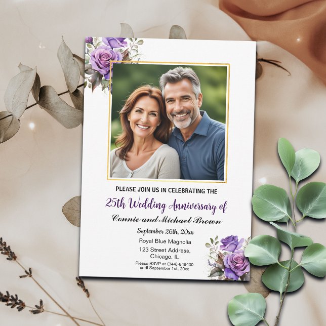 25th Wedding Anniversary Gold Frame Purple Roses Invitation (Creator Uploaded)