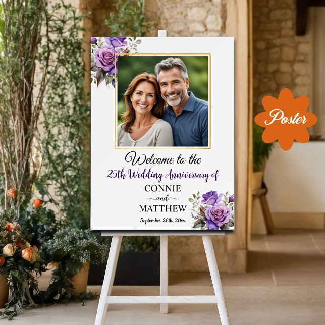 25th Wedding Anniversary Gold Frame Purple Roses Poster (Creator Uploaded)