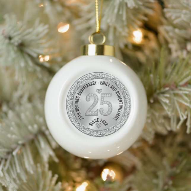 25th Wedding Anniversary Gold White Diamonds Ceramic Ball Christmas Ornament (Tree)