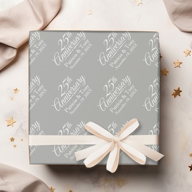25th Wedding Anniversary - Gray Background Wrapping Paper (Personalized Wedding Anniversary Wrapping Paper)