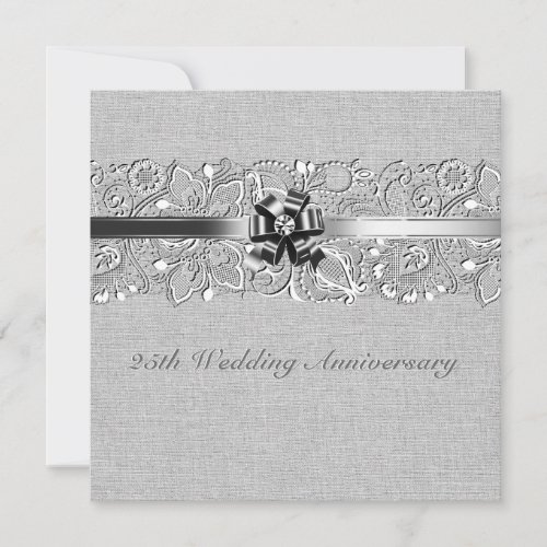 25th Wedding Anniversary Gray Linen White Lace Invitation