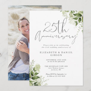 25th Wedding Anniversary Greenery Floral Photo Invitation
