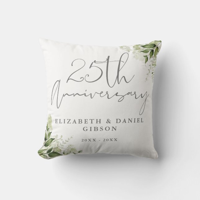25th Wedding Anniversary Greenery Floral Photo Throw Pillow (Front)