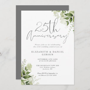 25th Wedding Anniversary Greenery Silver Script Invitation