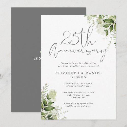25th Wedding Anniversary Greenery Silver Script