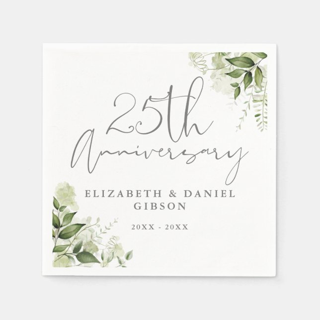 25th Wedding Anniversary Greenery Silver Script Napkins (Front)