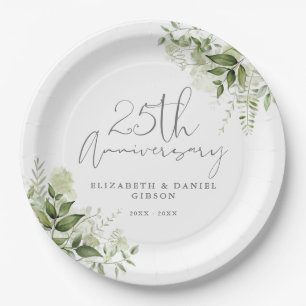 25th Wedding Anniversary Greenery Silver Script Paper Plates