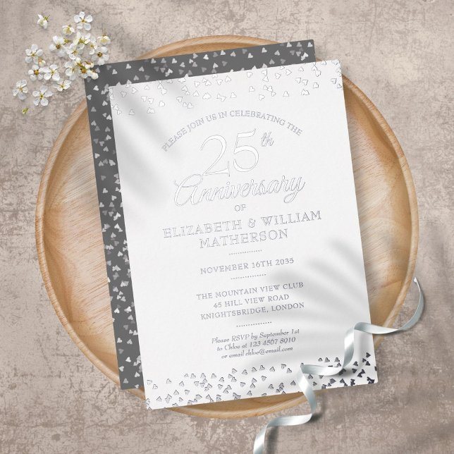 25th Wedding Anniversary Hearts Confetti Silver Foil Invitation (Creator Uploaded)