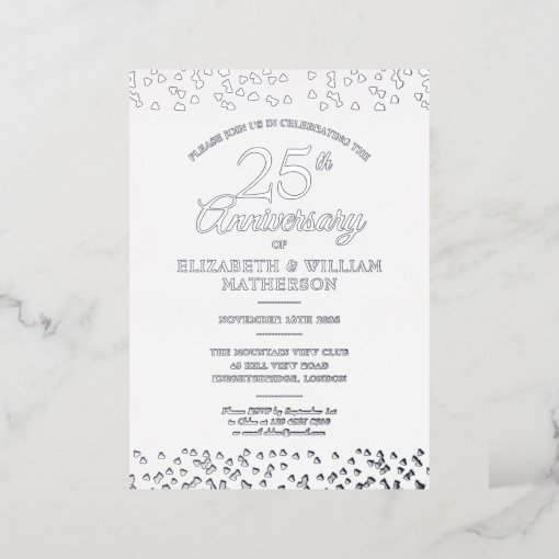 25th Wedding Anniversary Hearts Confetti Silver Foil Invitation | Zazzle