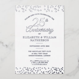 25th Wedding Anniversary Hearts Confetti Silver Foil Invitation | Zazzle