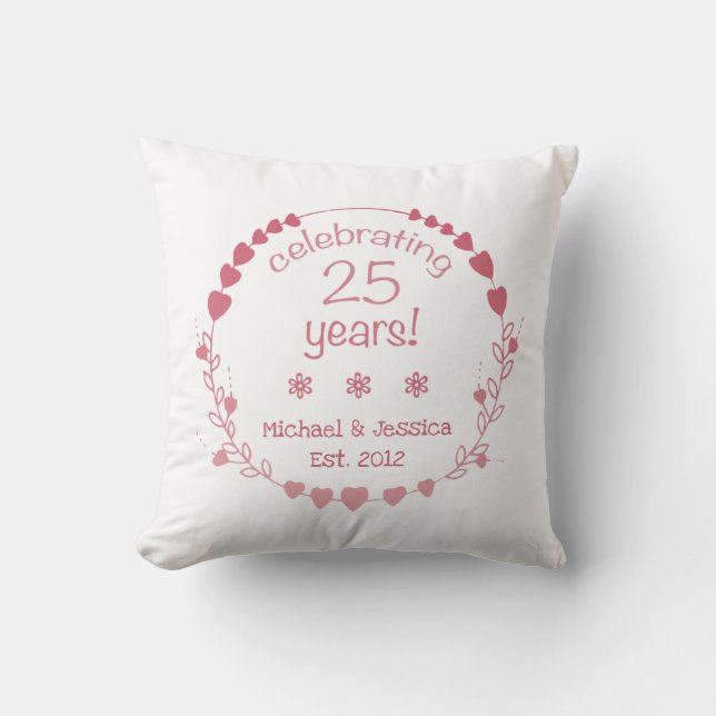 25th Wedding Anniversary Hearts Throw Pillow (Front)