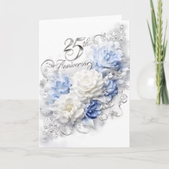 25th Wedding Anniversary in Silver and Blue Card (Front)