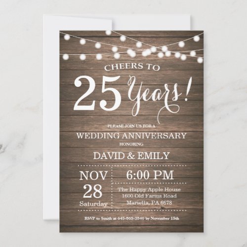 25th Wedding Anniversary Invitation Rustic Wood