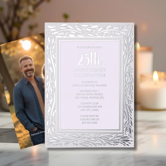 25th Wedding Anniversary Invitation Silver Floral  Foil Invitation (Creator Uploaded)
