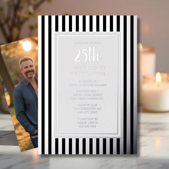 25th Wedding Anniversary Invitation Silver Stripes Foil Invitation (Creator Uploaded)