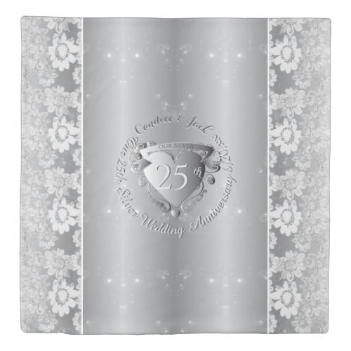 25th Wedding Anniversary Lace-like onSilvery Heart Duvet Cover