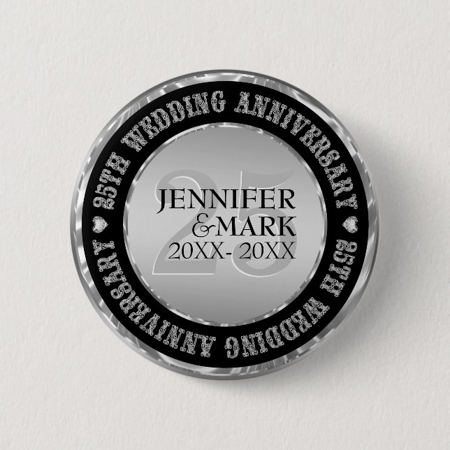 25th Wedding Anniversary Metallic Silver And Black Pinback Button (Front)