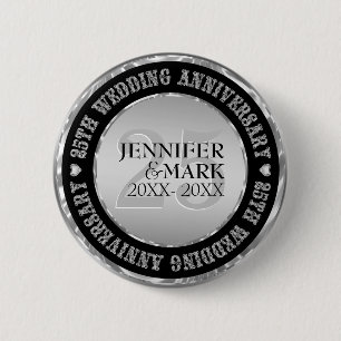 25th Wedding Anniversary Metallic Silver And Black Pinback Button