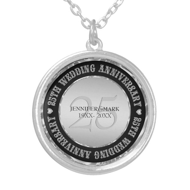 25th Wedding Anniversary Metallic Silver And Black Silver Plated Necklace (Front)