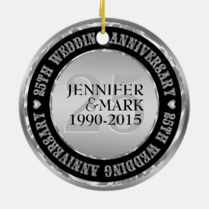 25Th Wedding Anniversary Metallic Silver & Black 2 Ceramic Ornament