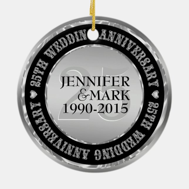 25Th Wedding Anniversary Metallic Silver & Black 2 Ceramic Ornament (Back)