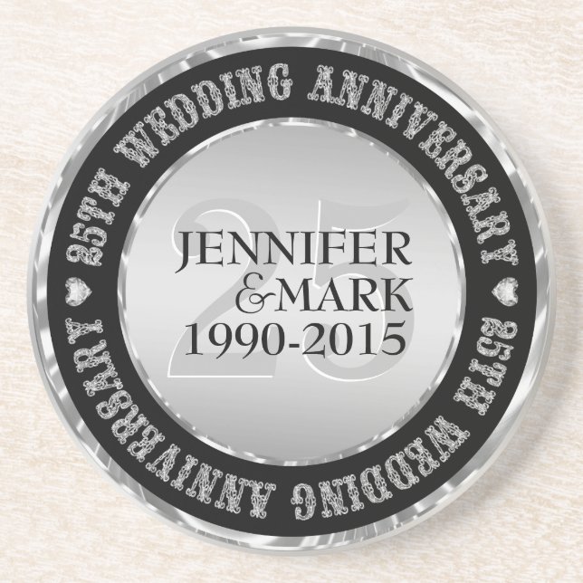 25Th Wedding Anniversary Metallic Silver & Black 2 Drink Coaster (Front)