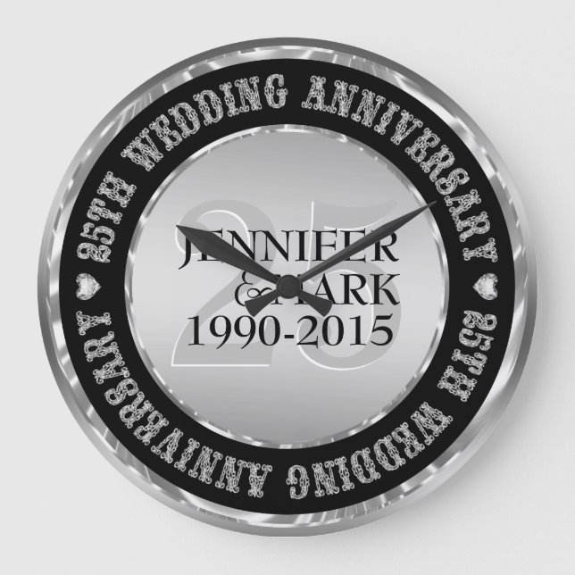 25Th Wedding Anniversary Metallic Silver & Black 2 Large Clock (Front)