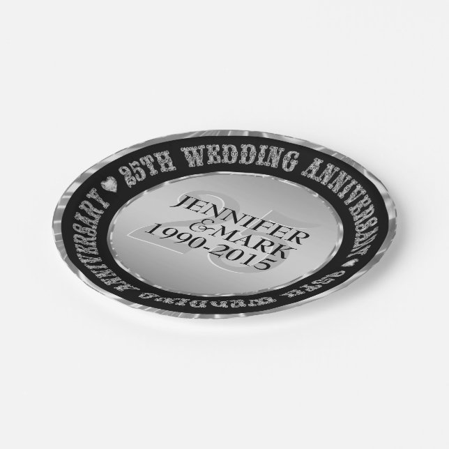 25Th Wedding Anniversary Metallic Silver & Black 2 Paper Plates (Angled)