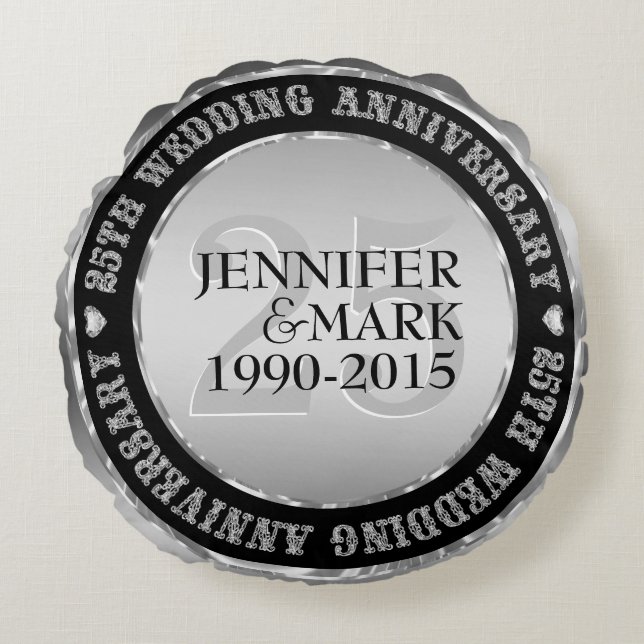 25Th Wedding Anniversary Metallic Silver & Black 2 Round Pillow (Front)