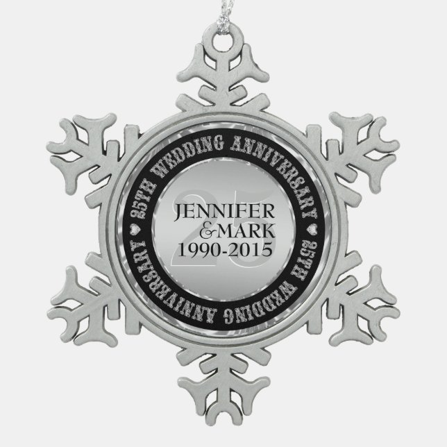 25Th Wedding Anniversary Metallic Silver & Black 2 Snowflake Pewter Christmas Ornament (Front)