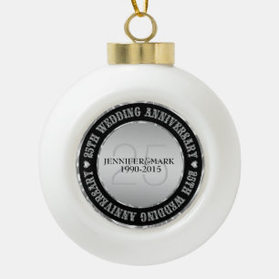 25Th Wedding Anniversary Metallic Silver & Black Ceramic Ball Christmas Ornament