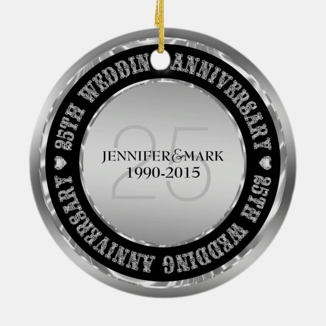 25Th Wedding Anniversary  Metallic Silver & Black Ceramic Ornament (Back)