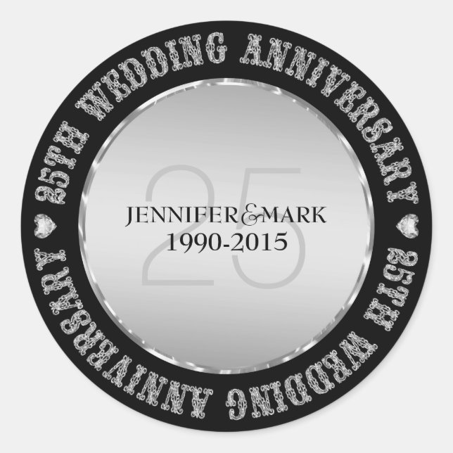 25Th Wedding Anniversary  Metallic Silver & Black Classic Round Sticker (Front)