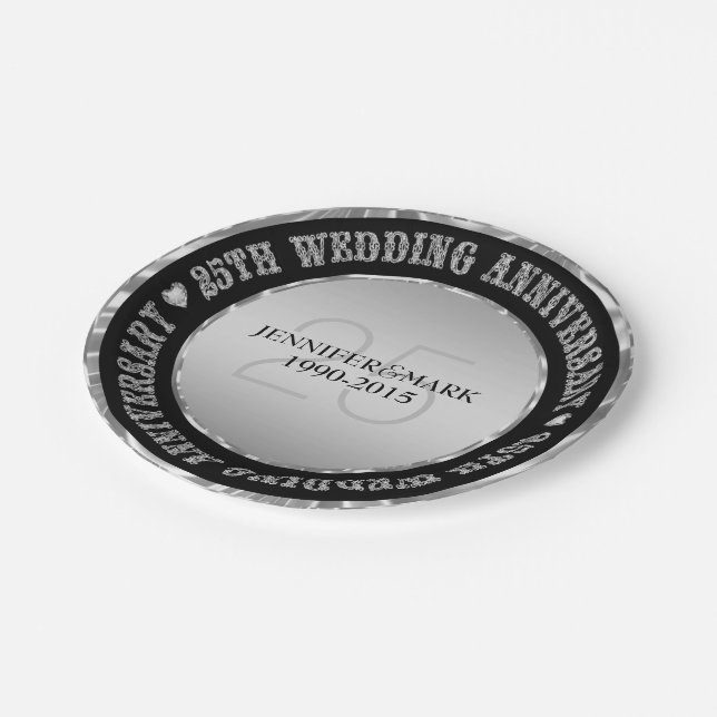 25Th Wedding Anniversary  Metallic Silver & Black Paper Plates (Angled)