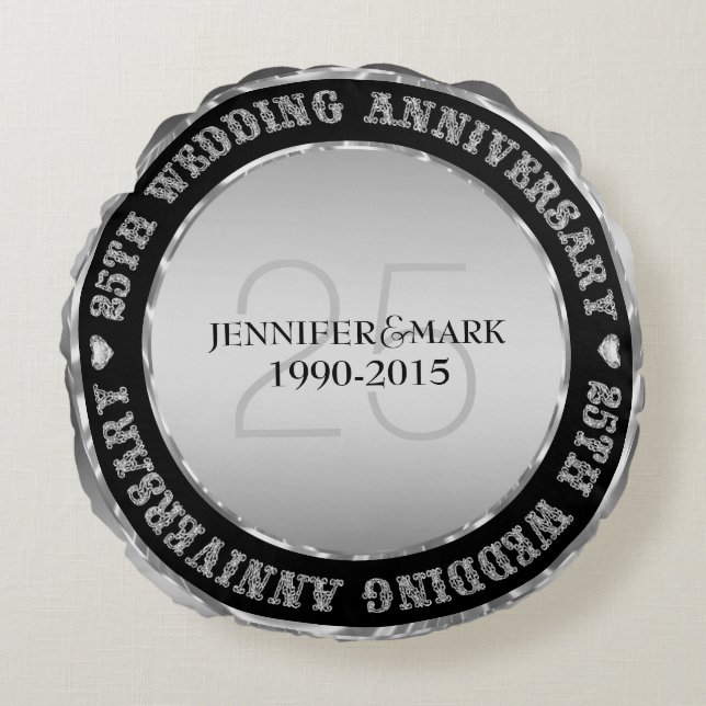 25Th Wedding Anniversary Metallic Silver & Black Round Pillow (Front)